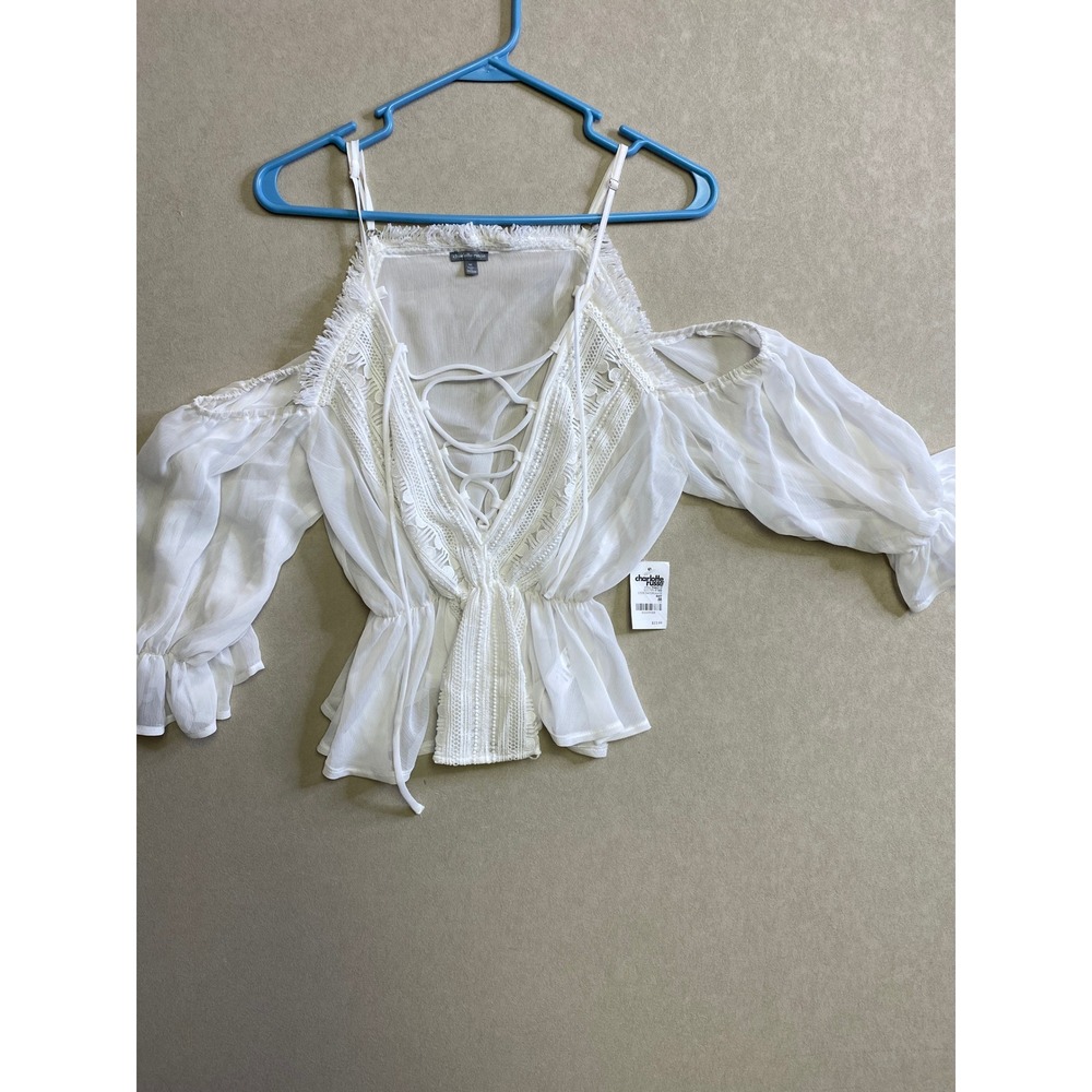 Charlotte Russe White Lace Up Cold Shoulder Peasant Blouse Fringe Peplum Top M